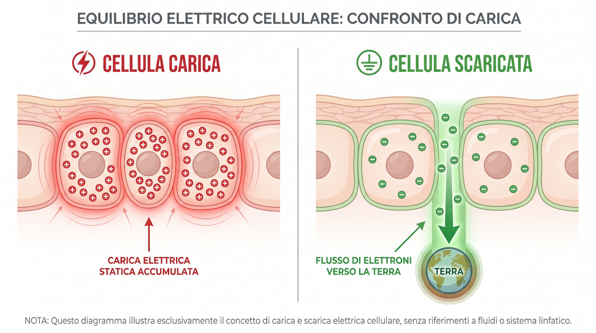 Cellula carica di elettricità statica (a sinistra) e cellula che si scarica verso terra (a destra).